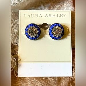 Laura Ashley Stud Earrings with Clear Stone and Blue Beads Set in Silver